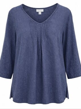 J JILL Love 100% Linen Blue Pintuck 3/4 Sleeve V-neck Side Slits Shirt XS